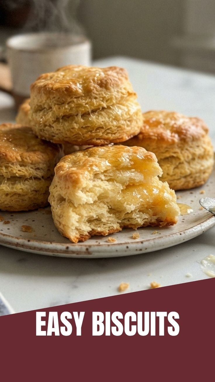 A stack of fluffy, golden-brown biscuits on a wooden cutting board