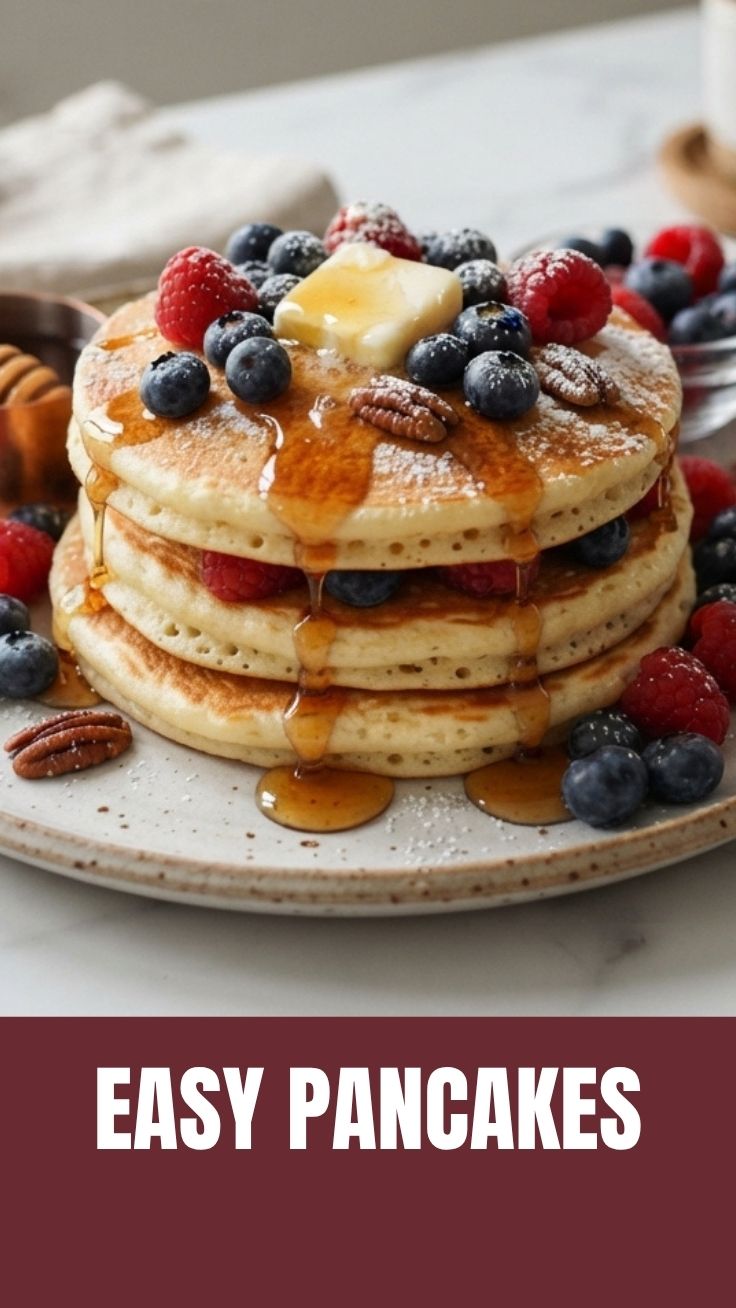 A tall stack of fluffy pancakes with syrup on a white plate