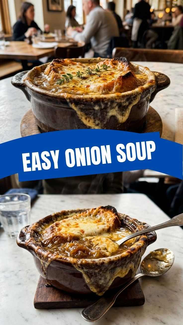 A bowl of rich French onion soup topped with melted Gruyere cheese and toasted croutons