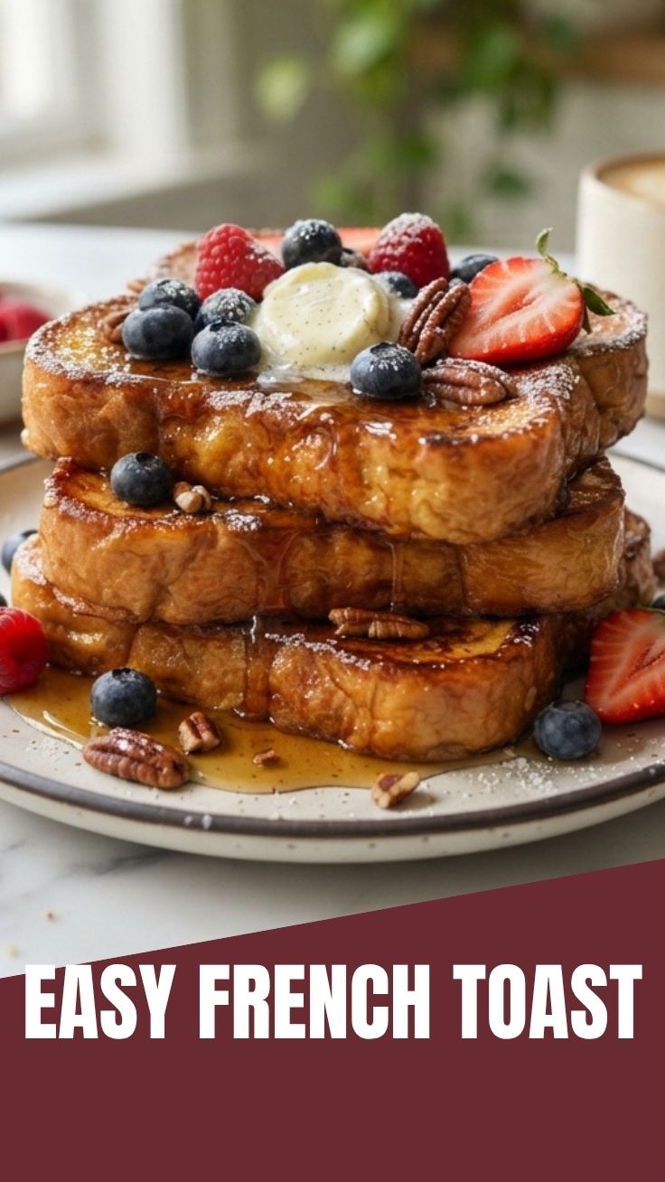 A perfectly cooked stack of golden French toast, dusted with powdered sugar