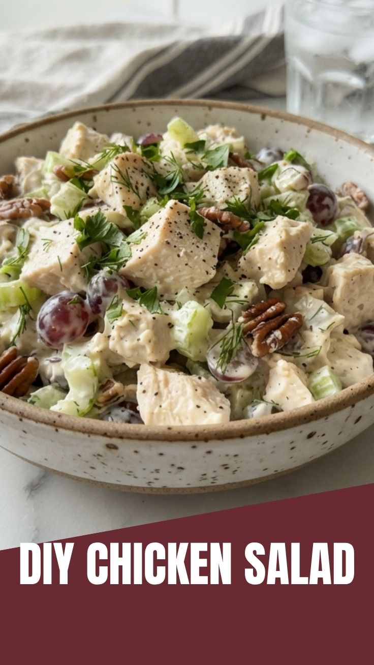 A fresh bowl of chicken salad with crisp greens and vegetables.