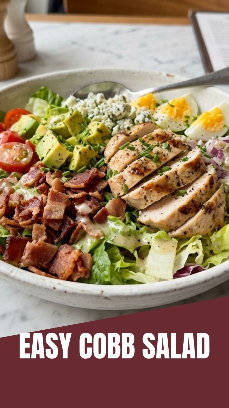 A vibrant cobb salad with fresh lettuce, chicken, bacon, egg, avocado, and tomatoes