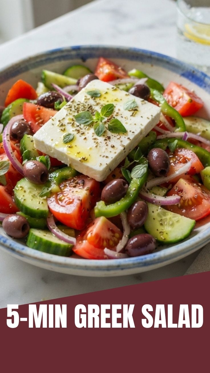 A vibrant Greek salad with fresh vegetables and feta cheese.