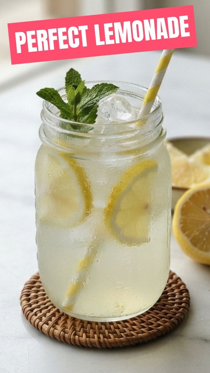 A glass of freshly squeezed lemonade with lemon slices and ice cubes