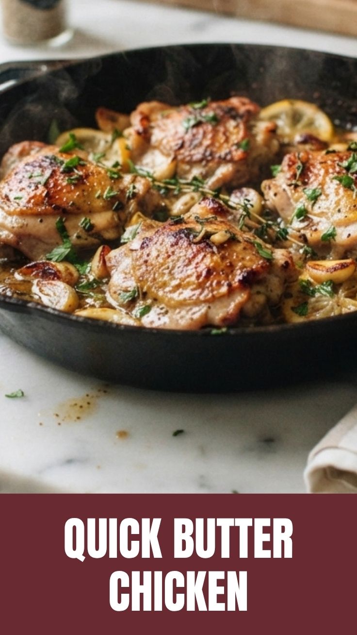 A close-up shot of pan-seared garlic butter chicken, golden brown and glistening.