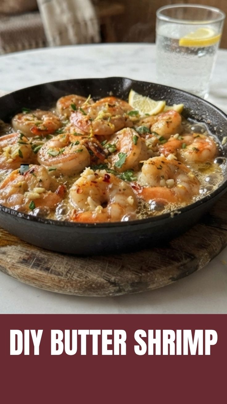 Close-up of golden garlic butter shrimp in a pan
