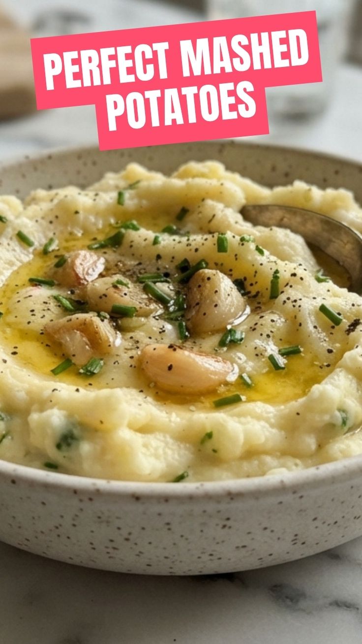 A bowl of fluffy garlic mashed potatoes, ready to serve.