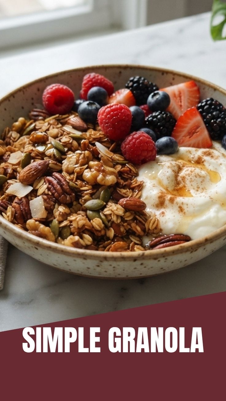 A bowl of wholesome granola with nuts and dried fruit