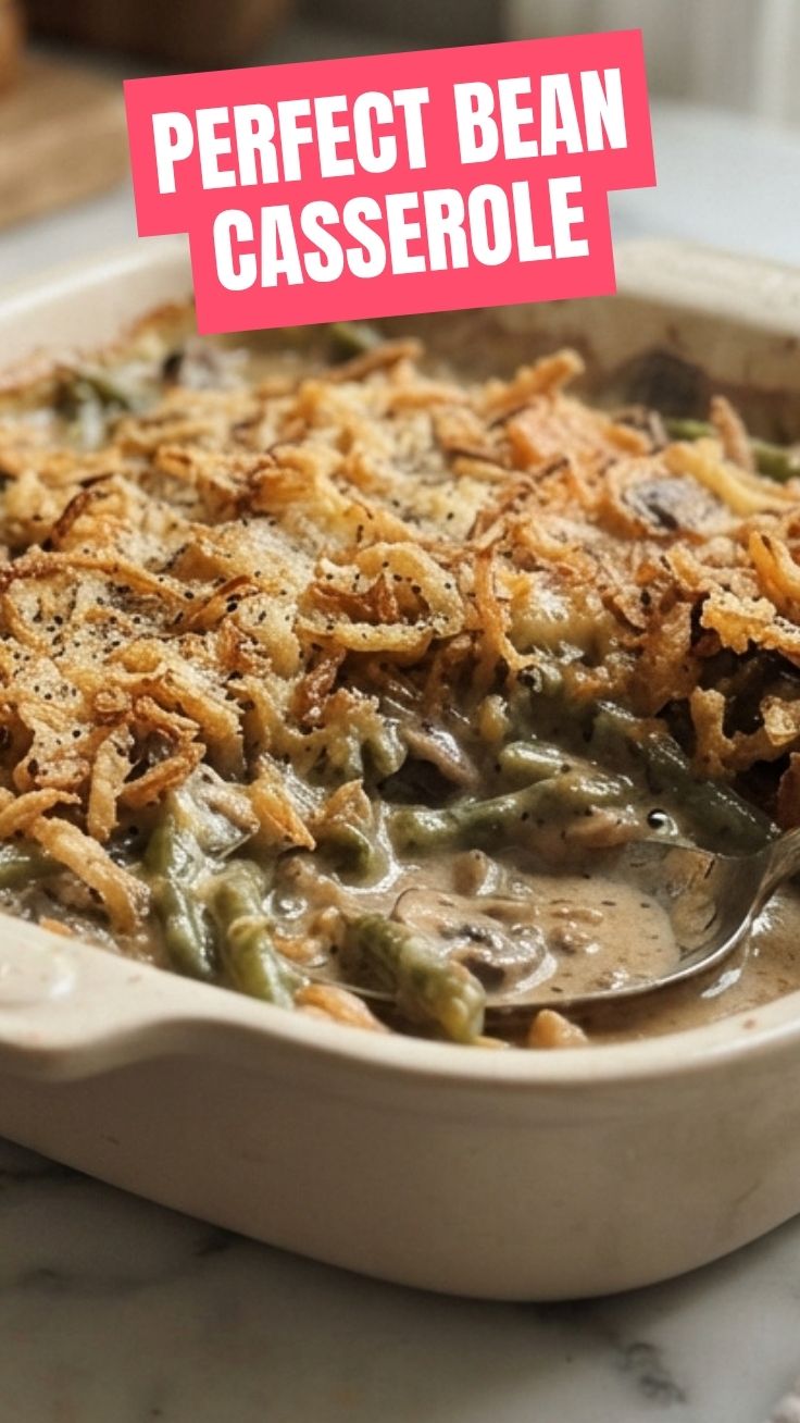 A comforting green bean casserole, generously topped with crispy fried onions.