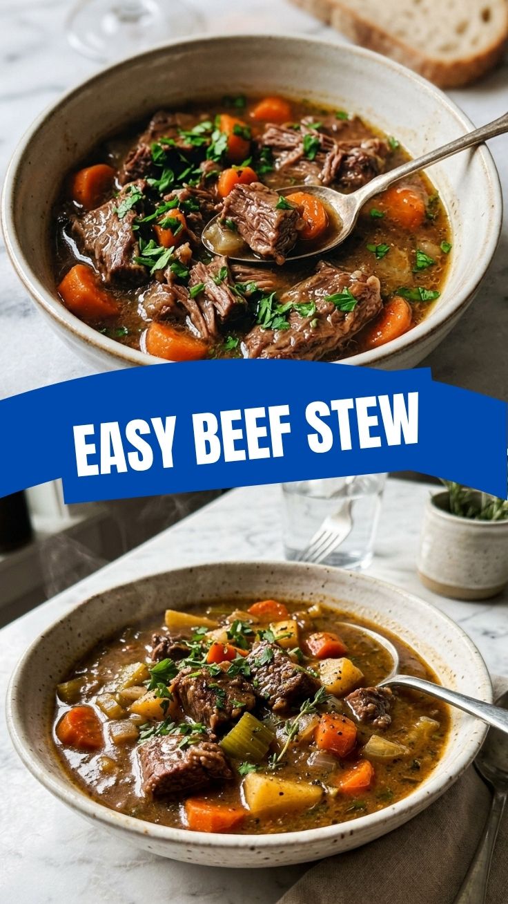 A steaming bowl of hearty beef stew with vegetables
