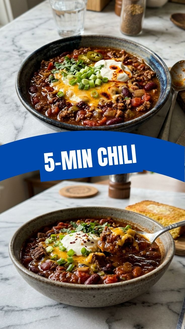 A steaming bowl of hearty chili with beans and meat