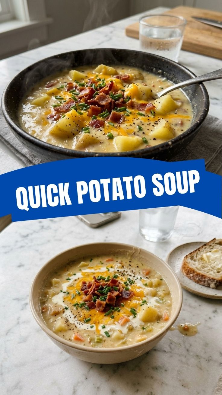 A steaming bowl of hearty potato soup, perfect for cold days.