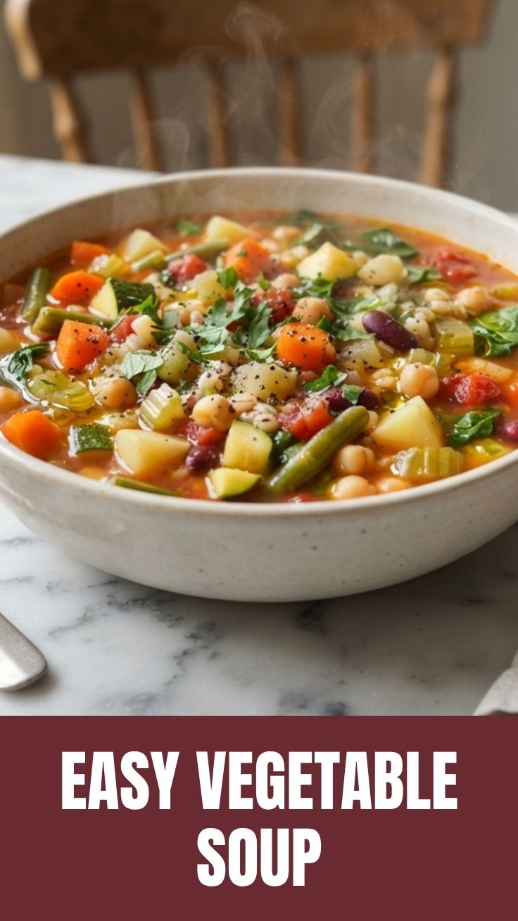A bowl of hearty vegetable soup, steaming hot and ready to eat