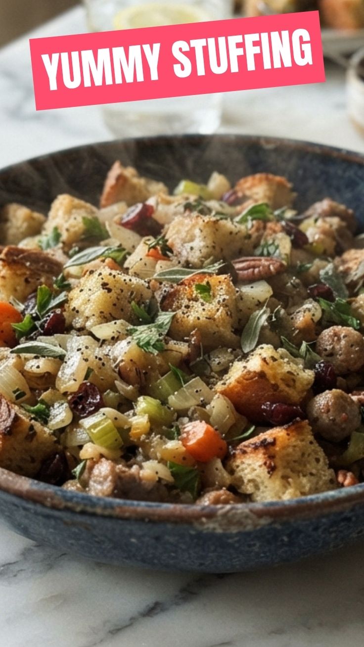 A golden-brown, herb-filled stuffing baked to perfection in a baking dish.