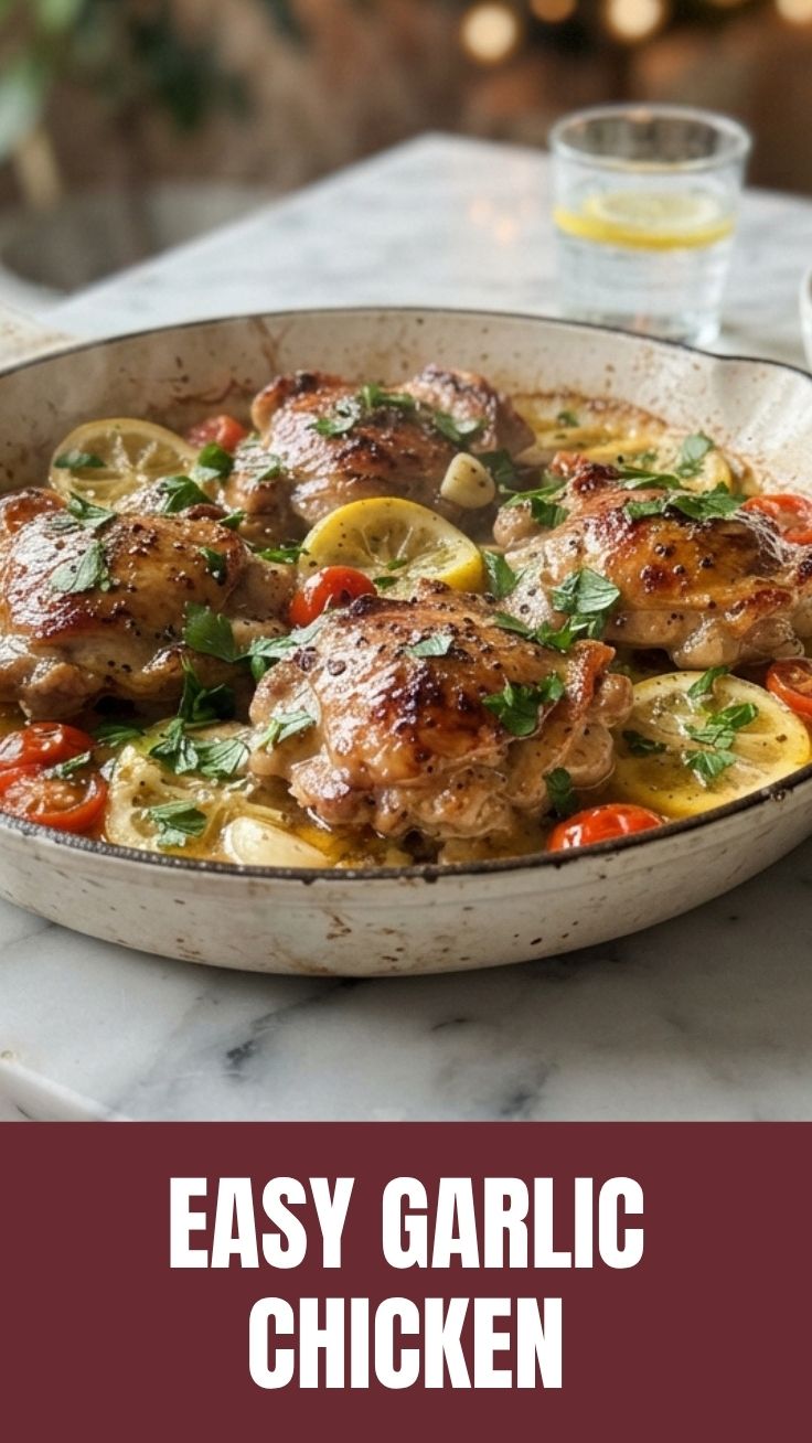 Juicy Lemon Garlic Chicken with herbs and lemon slices