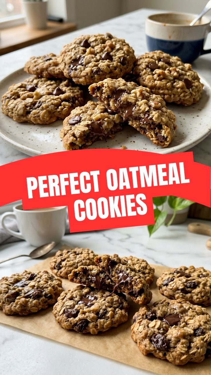A close-up shot of freshly baked oatmeal cookies with visible oats and raisins.