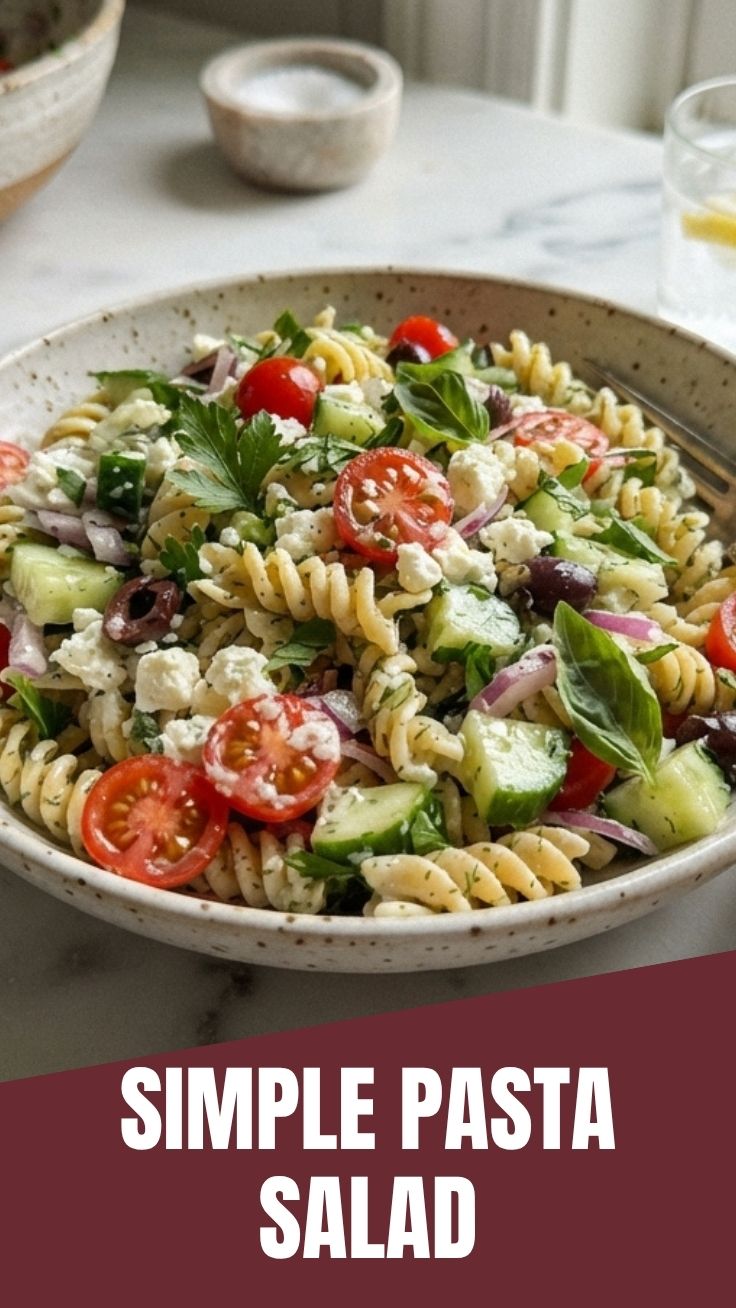 A vibrant pasta salad in a large serving bowl, ready for a meal.