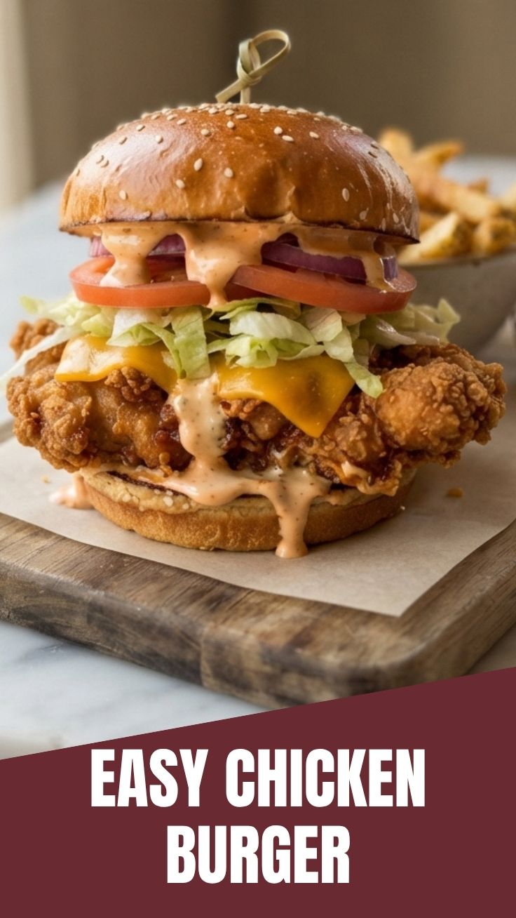 A perfectly grilled chicken burger with fresh toppings.
