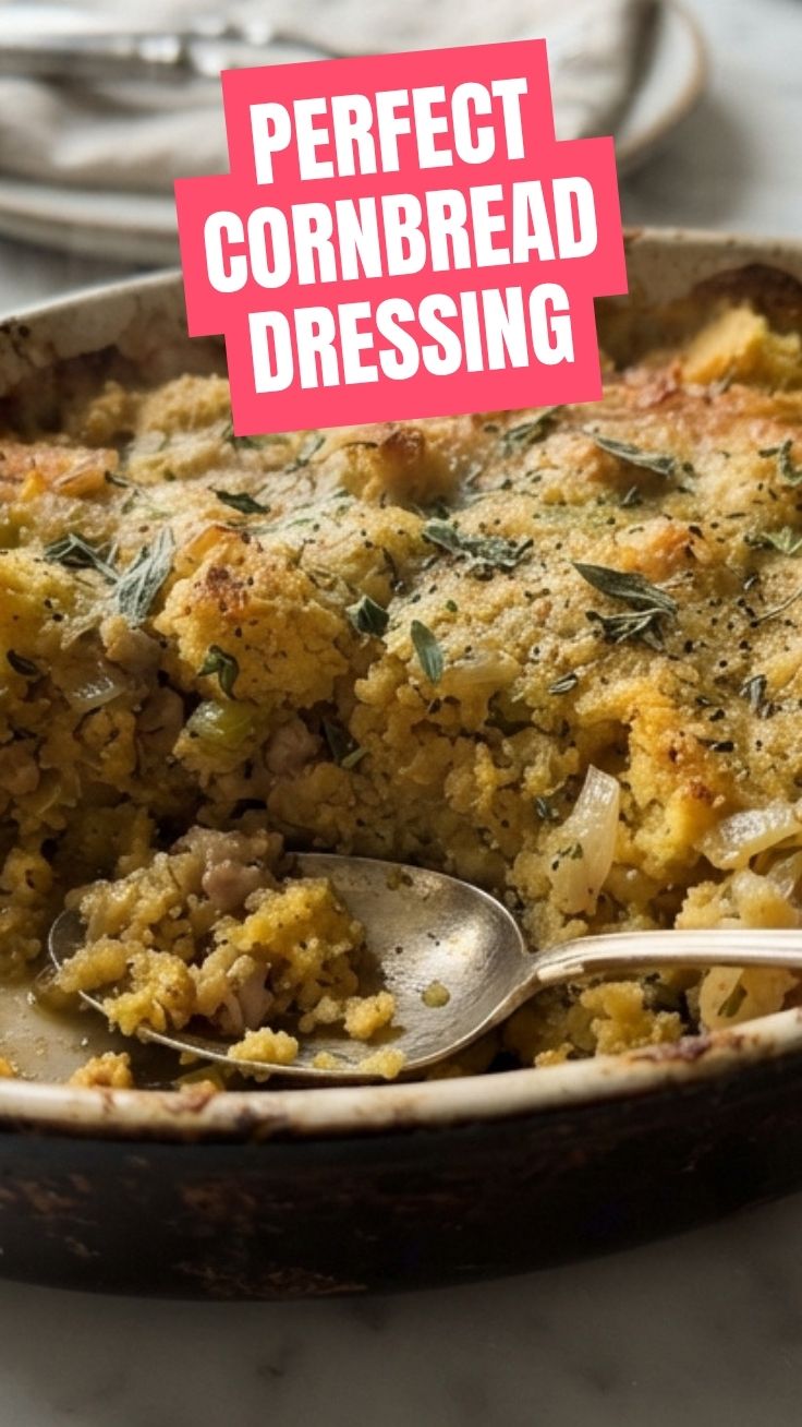 A golden-brown cornbread dressing in a baking dish, ready to serve