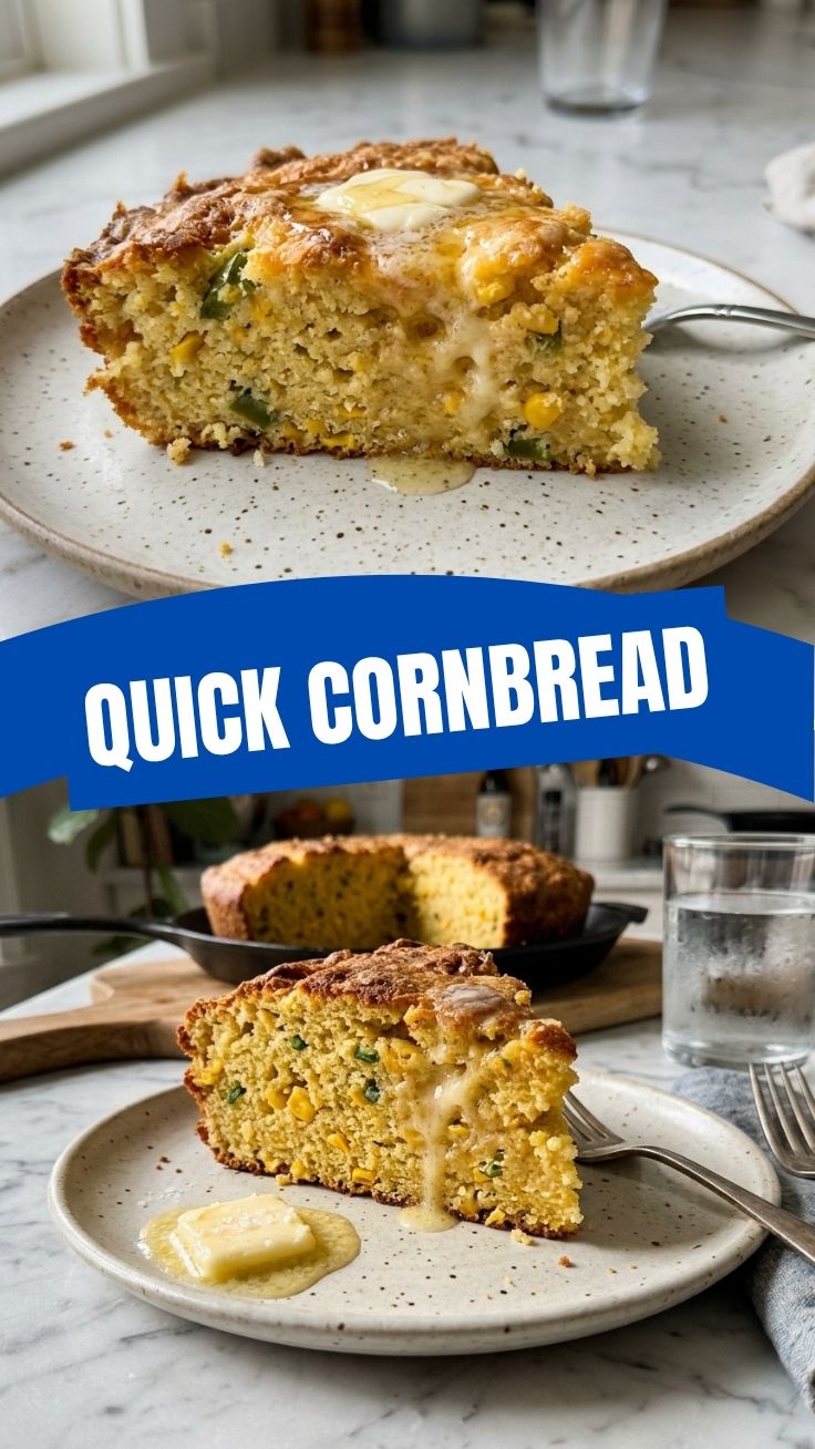 A freshly baked golden cornbread in a cast-iron skillet