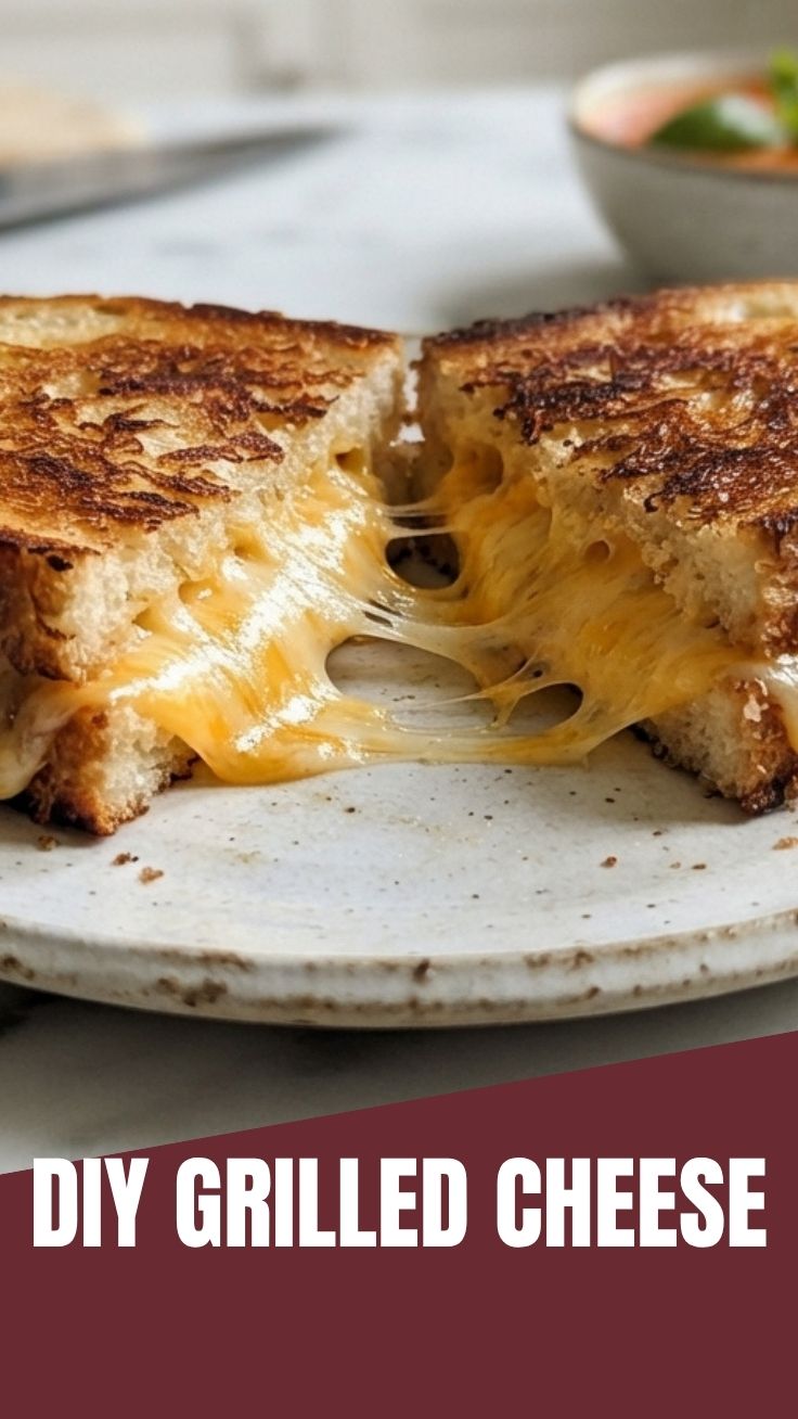 A perfectly golden brown grilled cheese sandwich, still hot and melty.