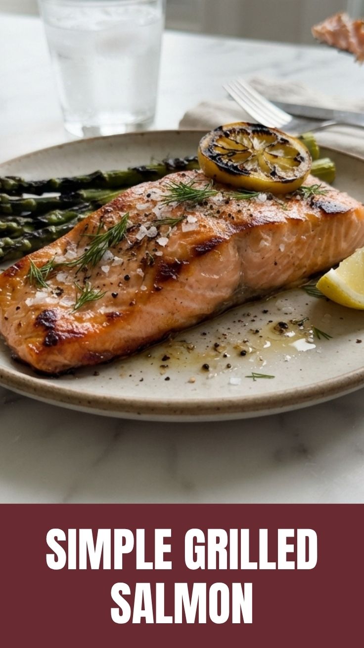 A perfectly grilled salmon fillet, flaky and golden-brown, on a white plate.