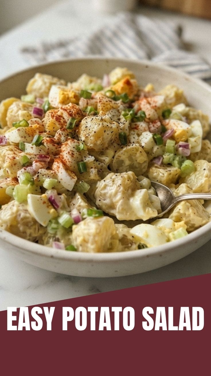A bowl of perfect potato salad, garnished with fresh herbs.