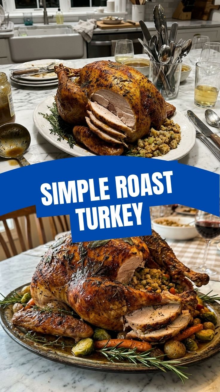 A perfectly cooked roast turkey, golden brown and ready to serve.