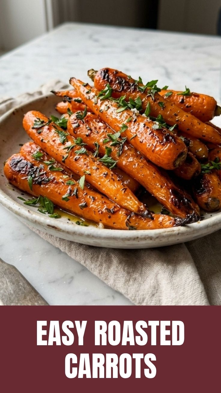 A close-up of perfectly roasted carrots, slightly caramelized and tender.