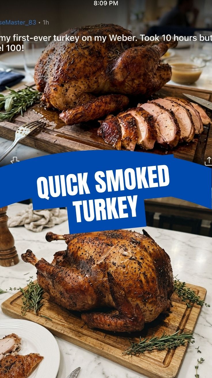 A perfectly cooked, golden-brown smoked turkey on a serving platter, ready for carving.