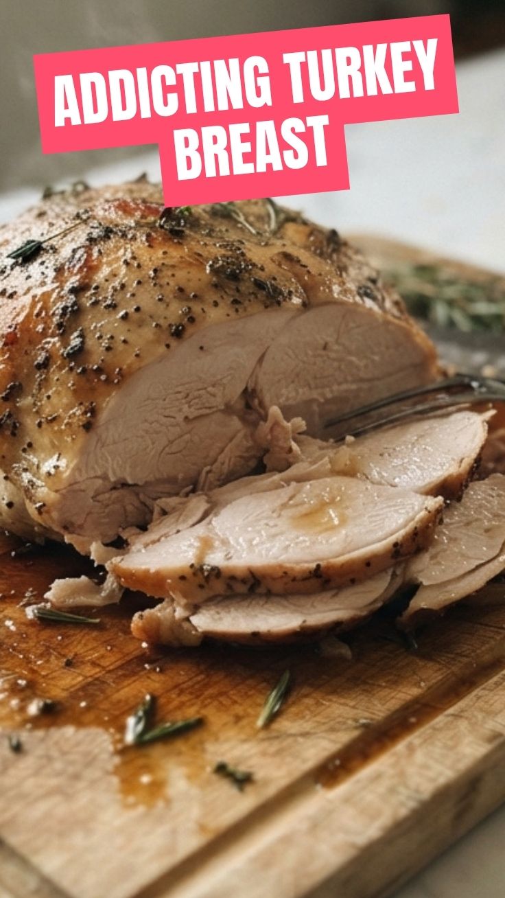 A perfectly roasted turkey breast, golden brown and carved into slices.