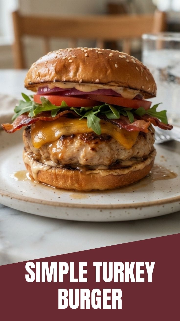 A perfectly grilled turkey burger topped with fresh lettuce and tomato.