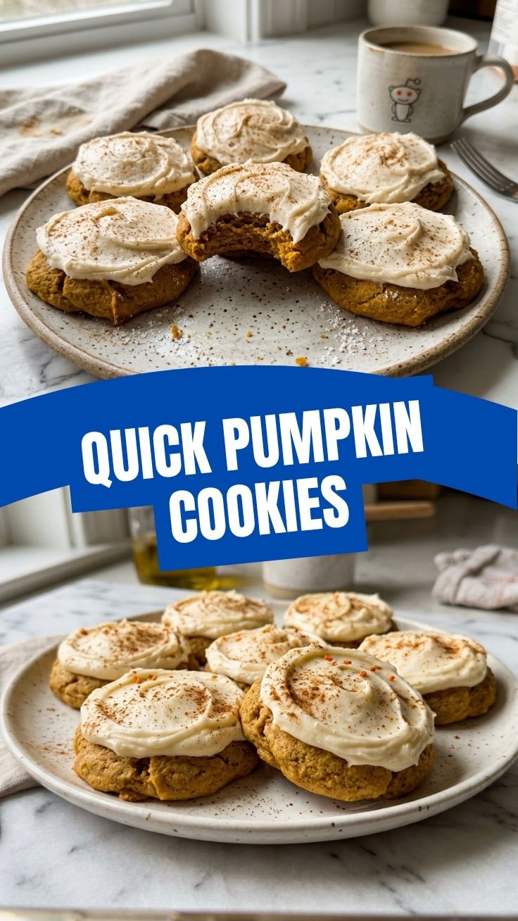 A close-up shot of several homemade pumpkin cookies on a baking sheet, ready to be served.