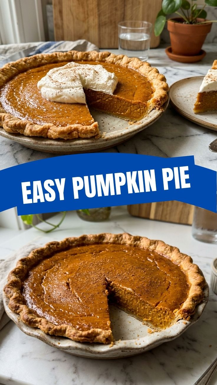 A freshly baked whole pumpkin pie with a golden crust