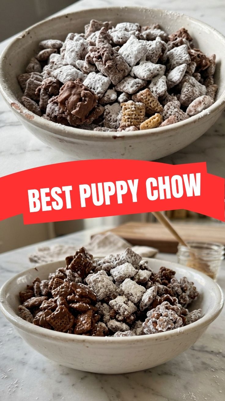 A bowl of delicious Puppy Chow coated in powdered sugar, ready to eat.