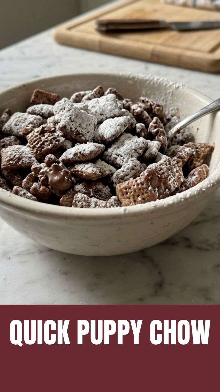 A bowl of classic Puppy Chow (Muddy Buddies) with powdered sugar coating.