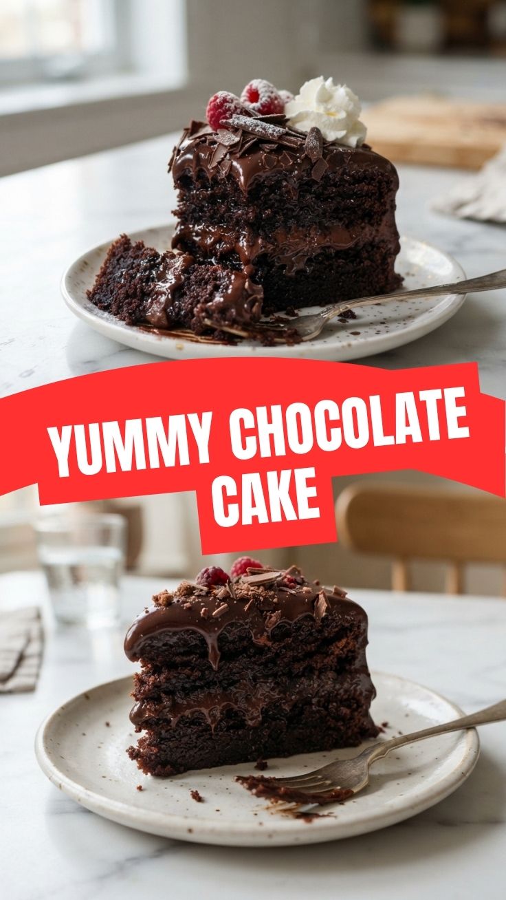 A rich chocolate cake with dark frosting on a presentation plate.
