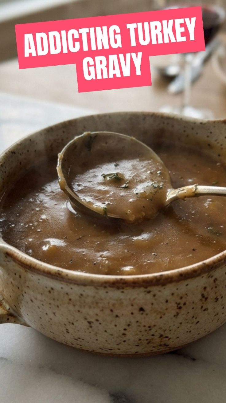 A rich, dark brown turkey gravy in a white ceramic gravy boat.