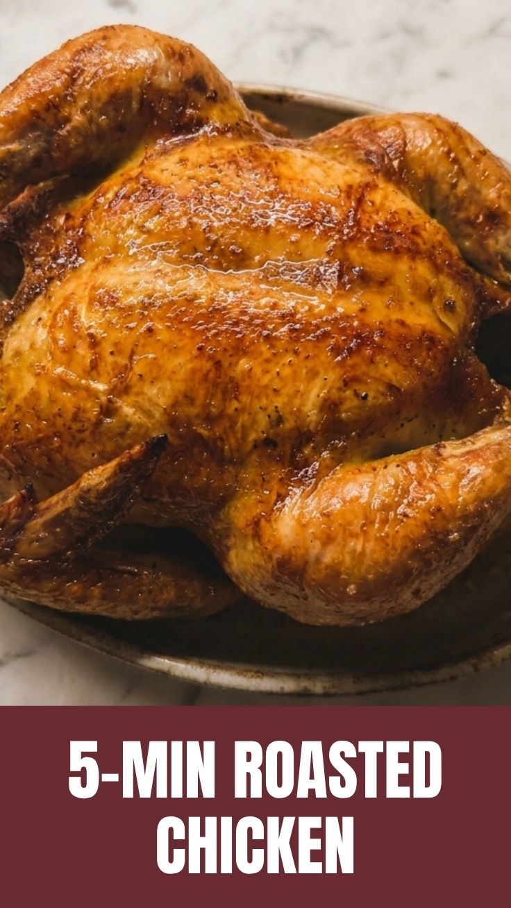 A whole roasted chicken, golden brown with crispy skin, presented on a platter.
