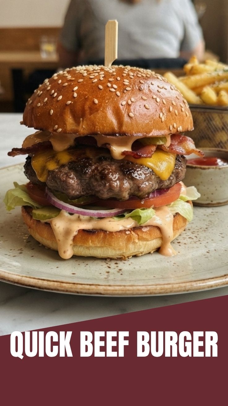 A freshly grilled beef burger with melted cheese and fresh toppings on a bun.