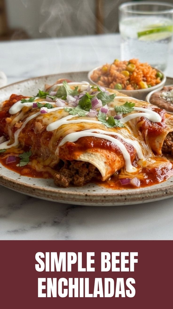A plate of cheesy beef enchiladas topped with red sauce
