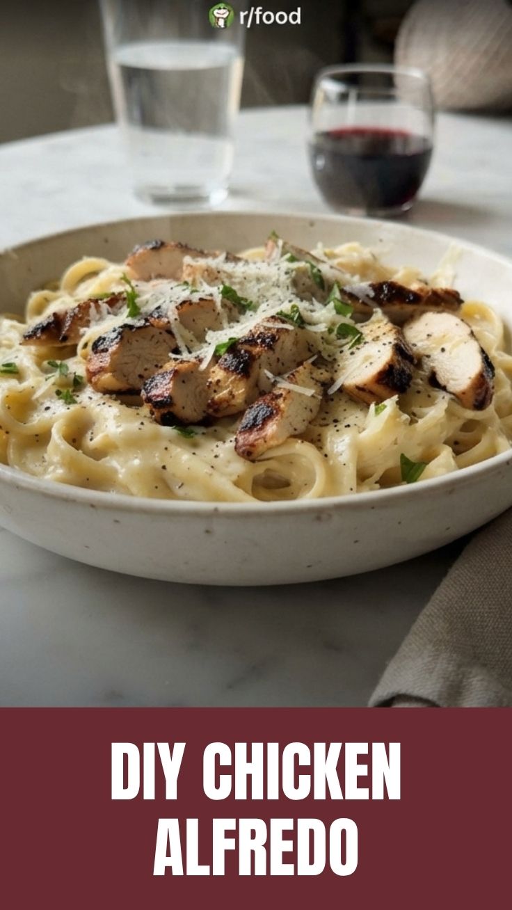 A steaming plate of chicken alfredo with fettuccine pasta and grilled chicken pieces.