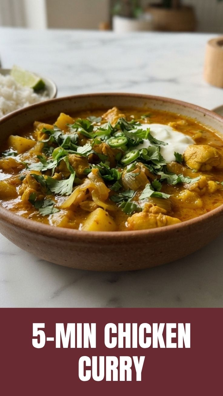 A hot bowl of chicken curry with rich sauce and tender chicken pieces.