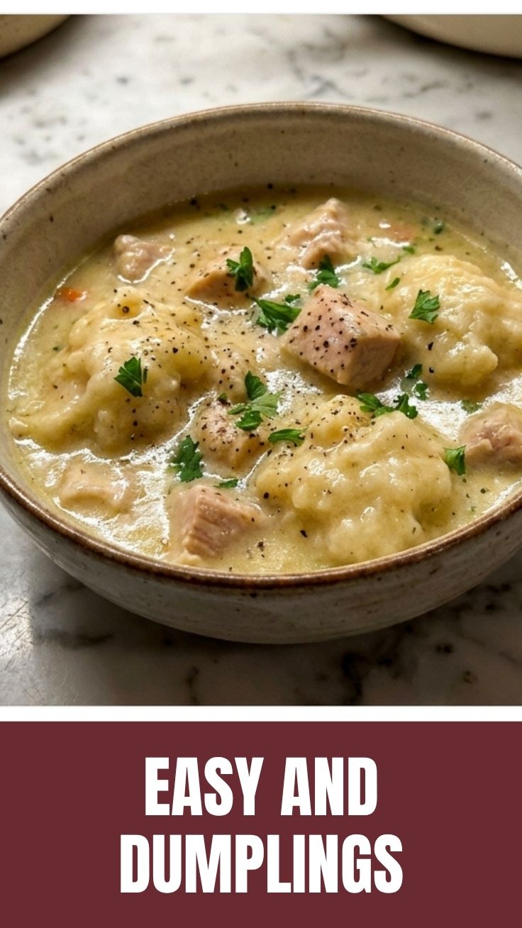 A steaming bowl of chicken and dumplings with vegetables