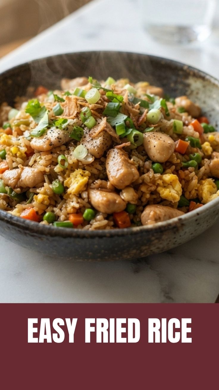 A serving of savory chicken fried rice in a white bowl with a spoon
