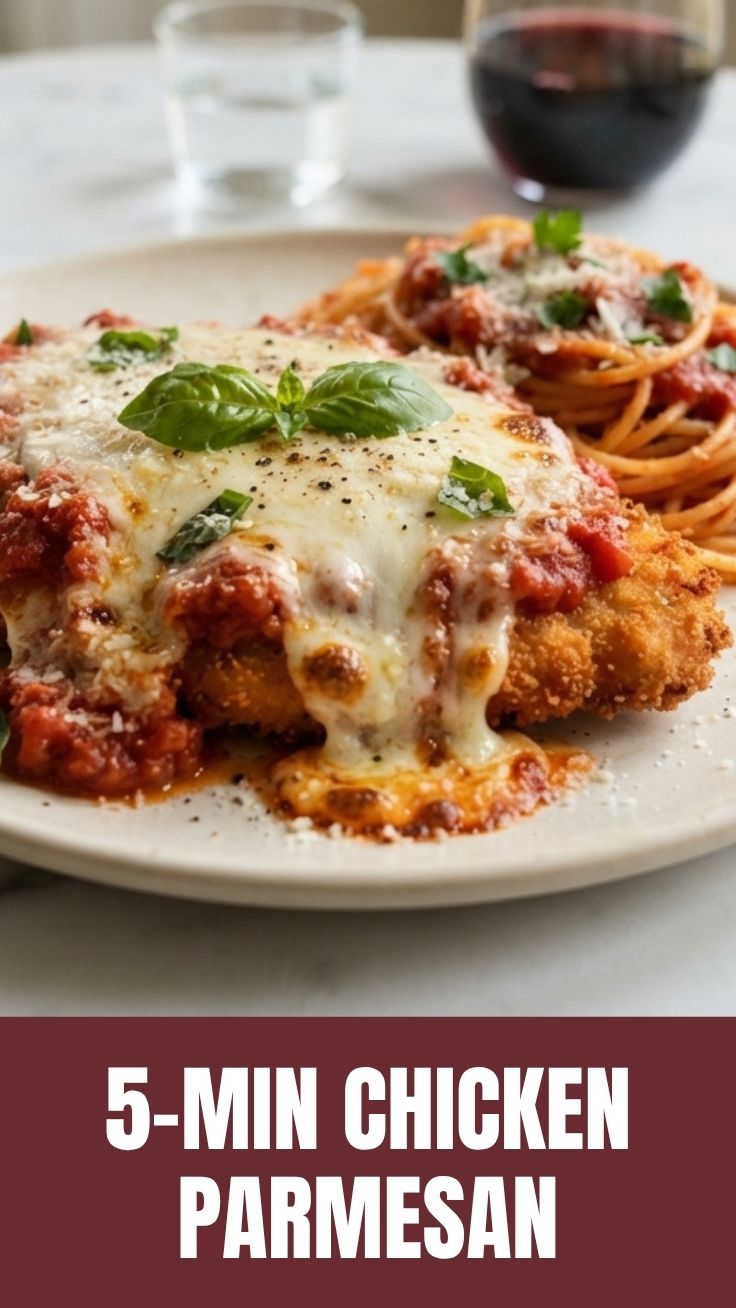A plate with a golden-brown chicken parmesan topped with melted cheese and marinara sauce.