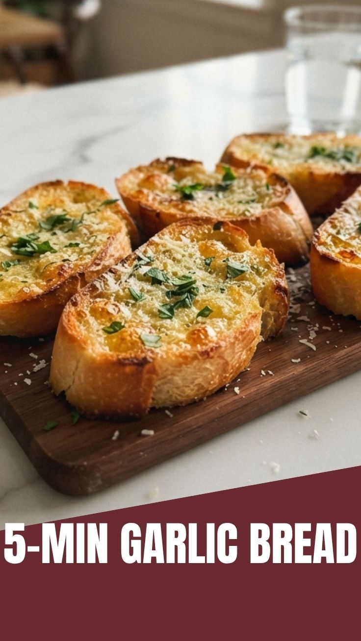 Freshly baked garlic bread, golden brown and garnished with parsley