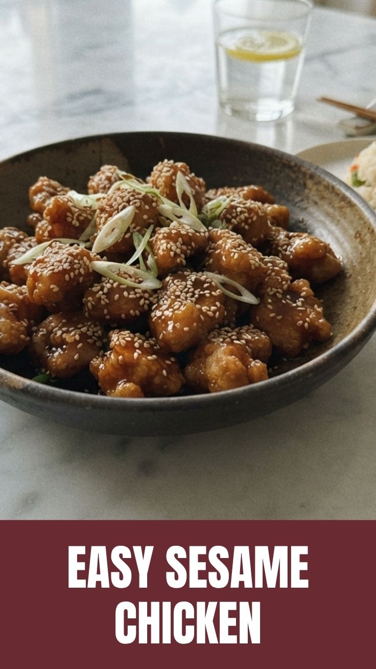 A plate of savory sesame chicken with a glossy sauce and sesame seeds.