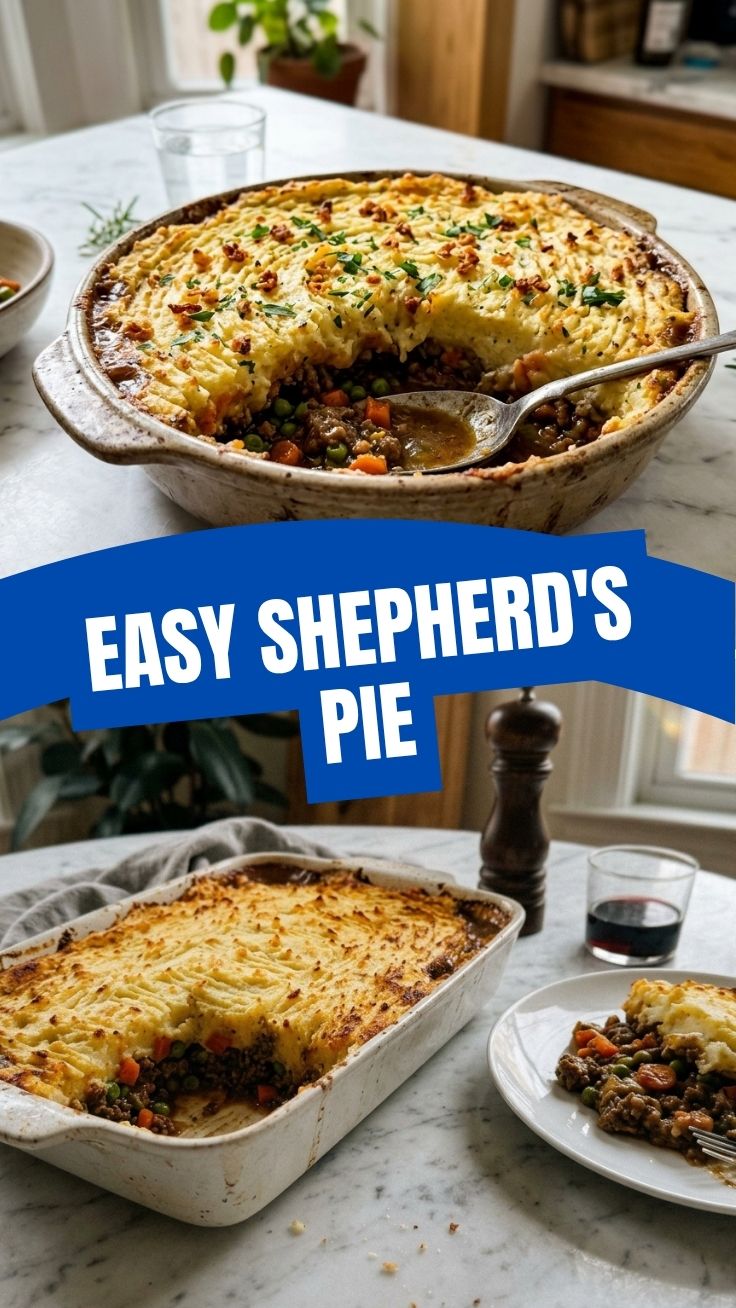 A freshly baked shepherd's pie with a golden-brown mashed potato topping.