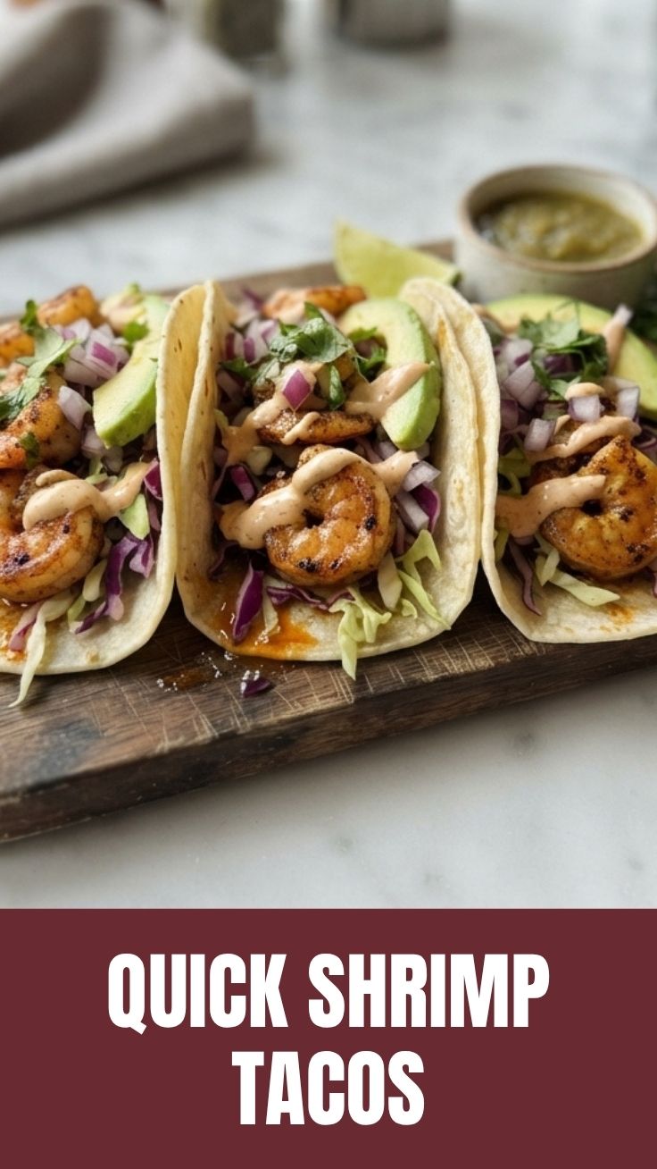 A close-up shot of two delicious shrimp tacos on a plate, garnished with cilantro and lime wedges.
